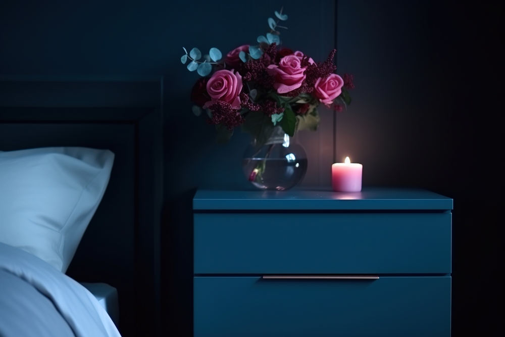 Mesita de noche decorada con flores frescas y una vela, logrando un equilibrio entre elegancia y calidez, perfecta para personalizar cualquier dormitorio.